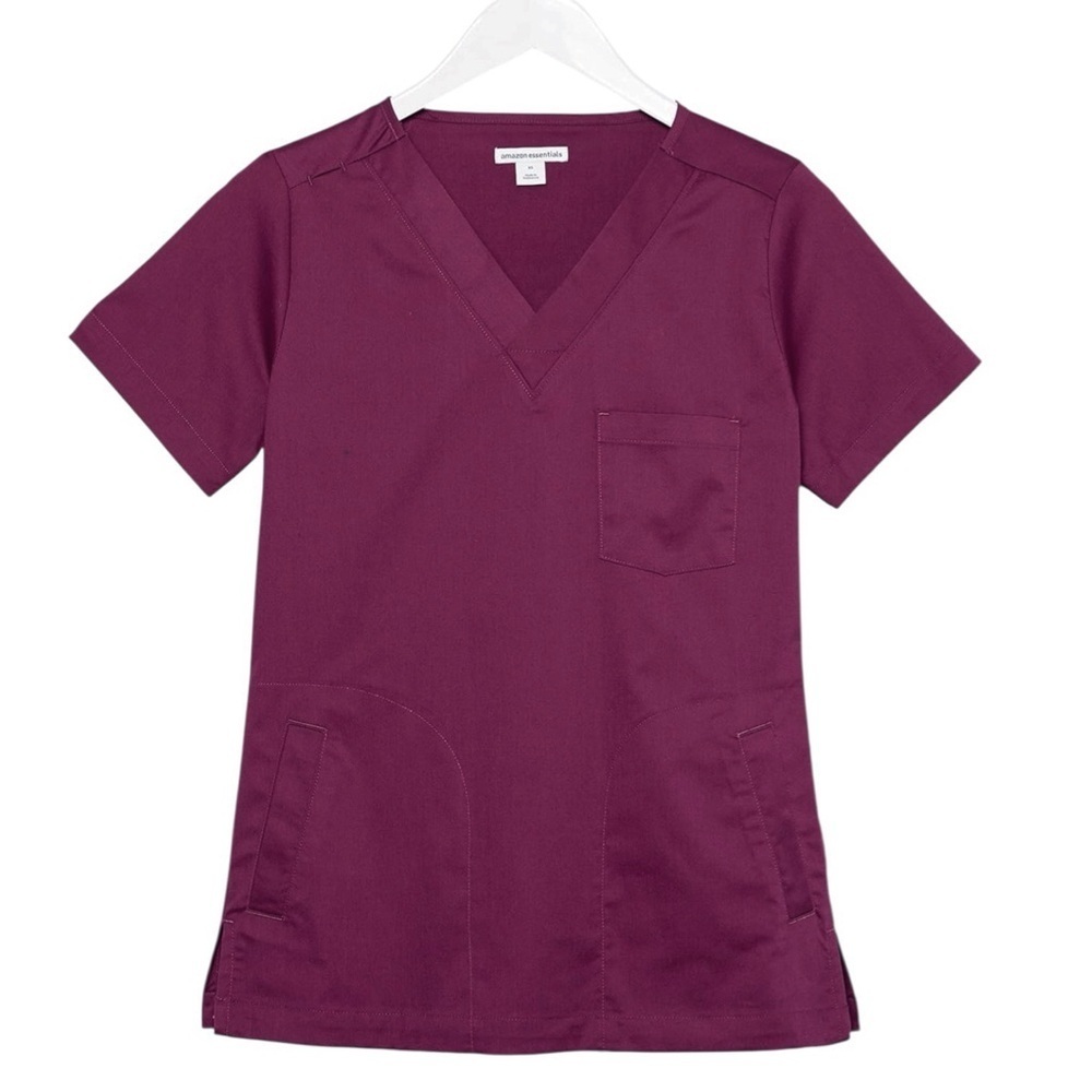 Women's Classic Fit V-Neck Stretch Scrub Top Wine Burgundy NWT Amazon Essentials - Picture 2 of 6